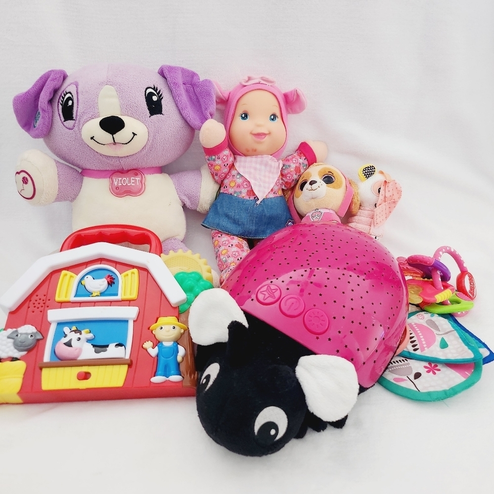 9 X BABY girl toys : violet , old mcdonald's,  paw patrol, lady bug light
